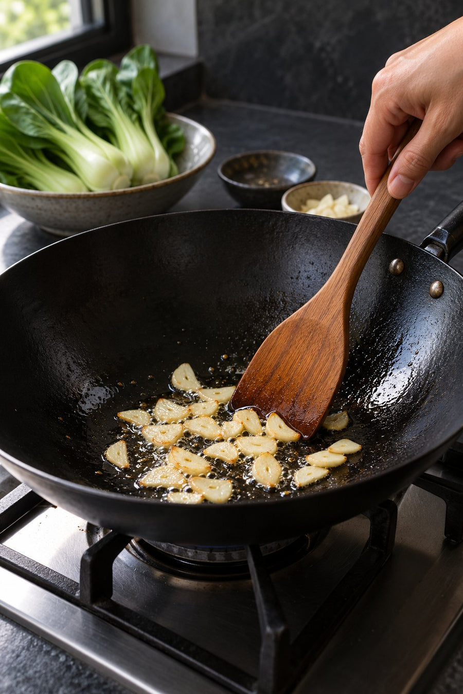 Bok Choy 3 Ways: Garlic Stir-Fry, Ginger Steam & Sesame Soy, step 3: Start the garlic stir-fry