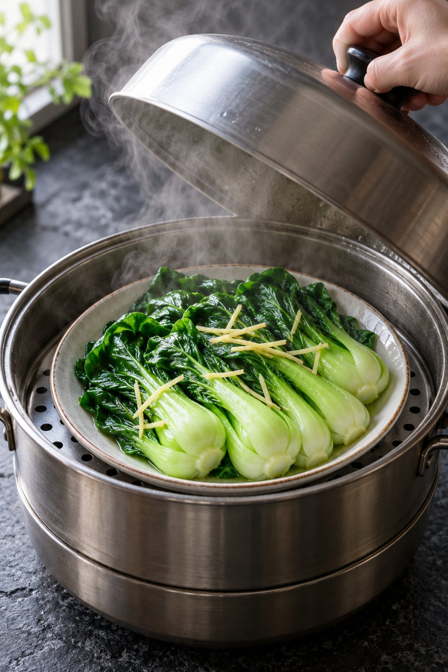 Bok Choy 3 Ways: Garlic Stir-Fry, Ginger Steam & Sesame Soy, step 6: Steam until just tender