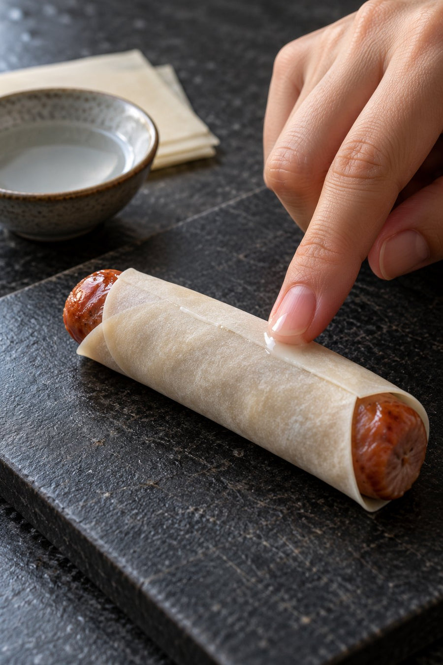 Crispy Wonton-Wrapped Sausages with Tianfu Taiwanese Sausage, step 4: Seal the seam