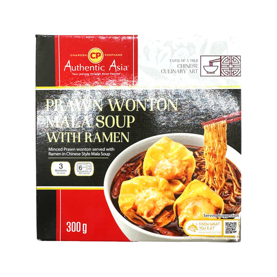 CP Authentic Asia Frozen Prawn Wonton Mala Soup with Ramen – 300g - Chinese-Style Spicy Noodle Bowl