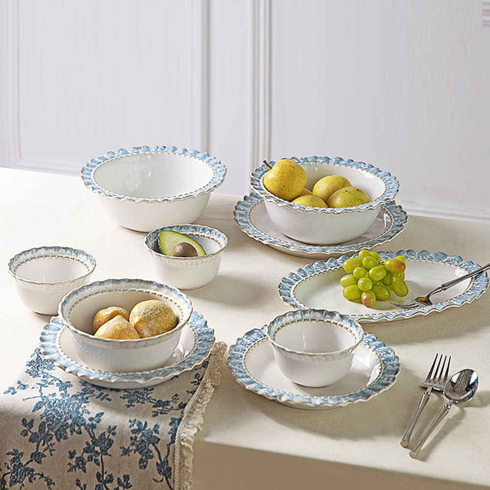 Đĩa Tròn Modern SweetHome 27 cm – viền ren xanh khói, gốm sứ cao cấp