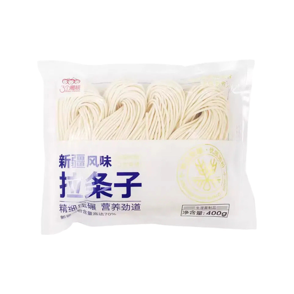 Three-Cherries-Xinjiang-Style-Hand-Pulled-Noodles-400g-–-Thick-Latiaozi-Wheat-Noodles-1