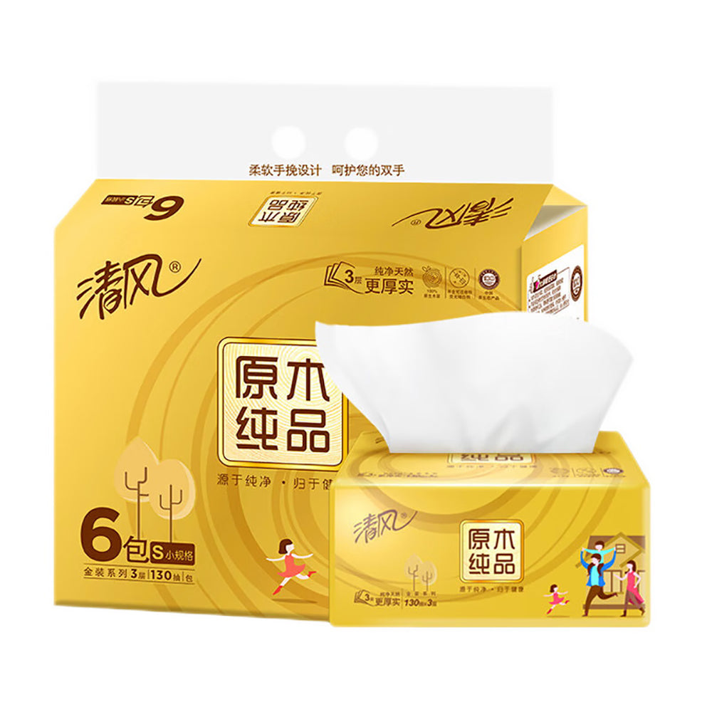 Qingfeng Gold Series Natural Wood Pulp Tissues - 3 Ply, 130 Sheets x 6 ...