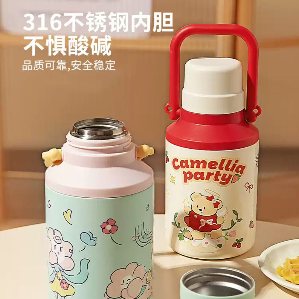 Modern-Housewife-316-Stainless-Steel-Vacuum-Flask-with-Carry-Handle,-1000ml-–-Spring-Outing-Bear-Design---Insulated-Water-Bottle-Thermos-2