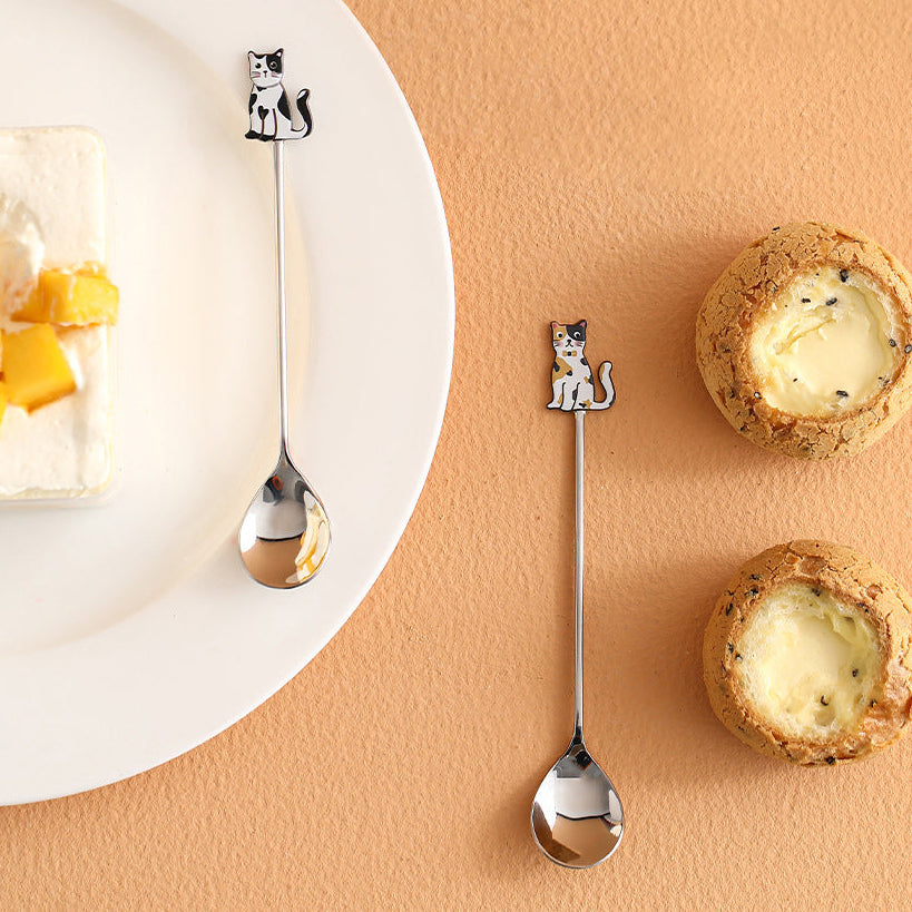 Thìa Mèo Vàng Trắng FaSoLa 17 cm – inox trang trí café & tráng miệng
