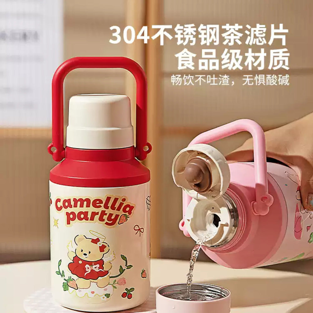 Modern-Housewife-316-Stainless-Steel-Vacuum-Flask-with-Carry-Handle,-1000ml-–-Spring-Outing-Bear-Design---Insulated-Water-Bottle-Thermos-3