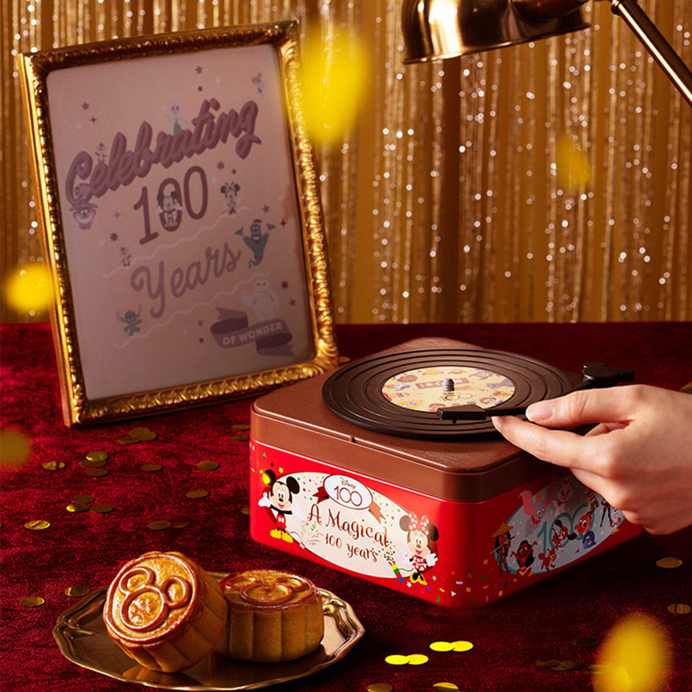 Hong-Kong-MX-Disney-100th-Anniversary-Vinyl-Record-Player-Mooncake-Gift-Box---4-Pieces,-750g-1