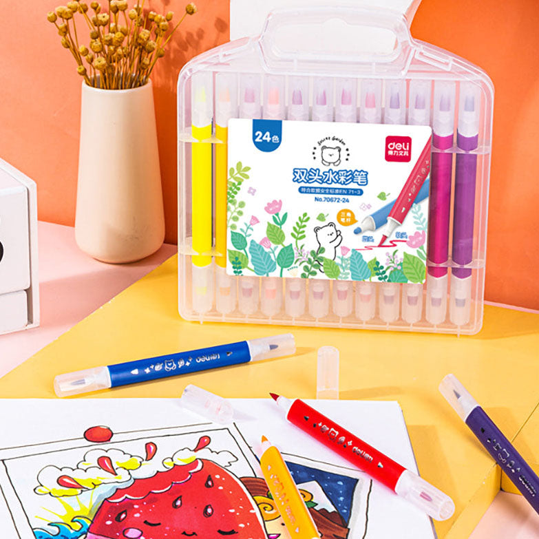 Deli Bút Marker Nước Đầu Kép 24 Màu – vẽ tranh màu nước 2 đầu linh hoạt