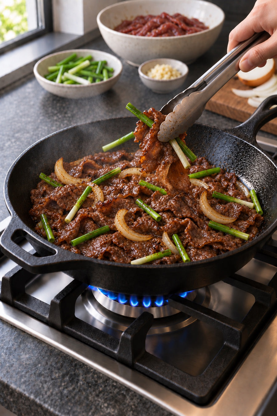 Beef Bulgogi, Korean BBQ Beef at Home, step 6: Add the greens