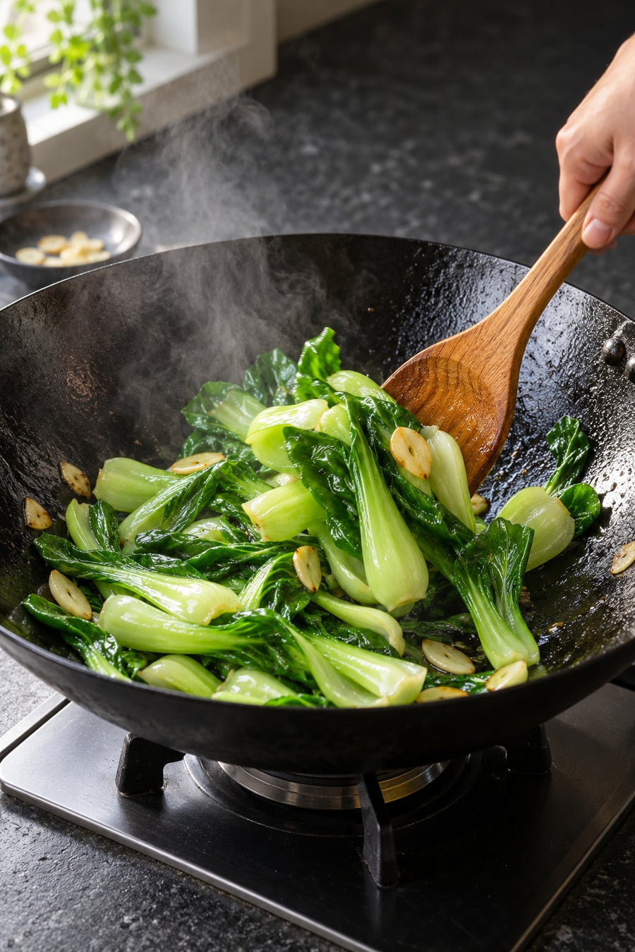 Bok Choy 3 Ways: Garlic Stir-Fry, Ginger Steam & Sesame Soy, step 4: Toss the first portion