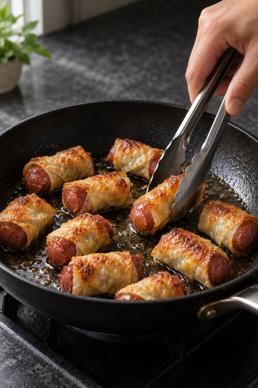 Crispy Wonton-Wrapped Sausages with Tianfu Taiwanese Sausage, step 7: Turn until crisp