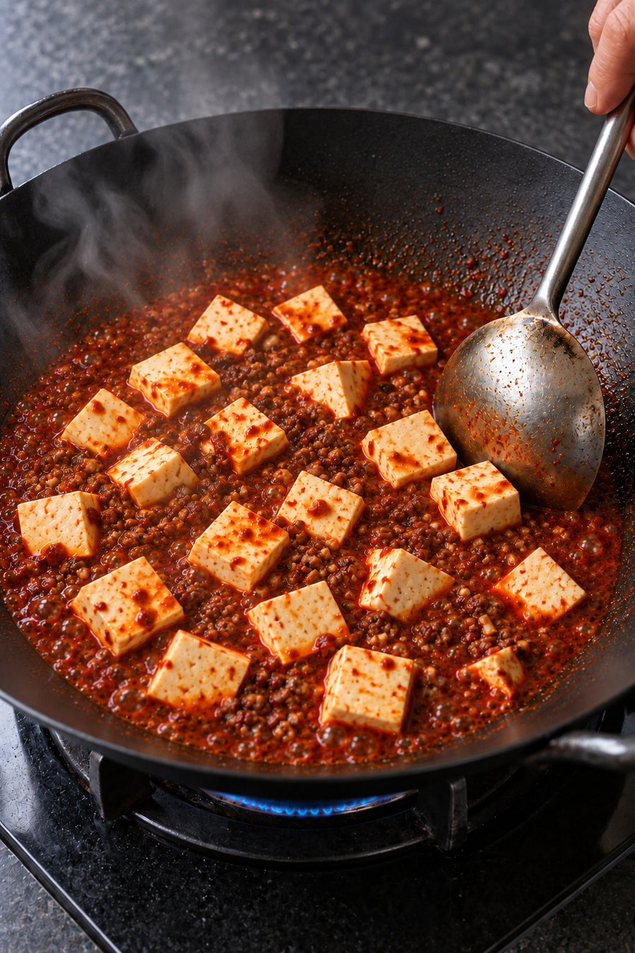 Mapo Tofu Lite, the Chengdu Way, step 7: Simmer the tofu