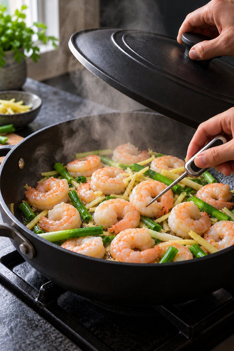 No-Water Steamed Prawns with Ginger (No Added Oil), step 5: Steam gently